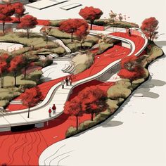 an artist's rendering of a park with trees and people walking on the path