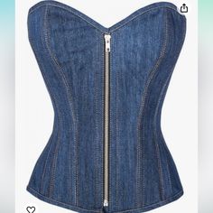 Ordered For A Halloween Costume But Never Worn. New But With No Tags. Size Was A Medium Plus. Because Of The Lacing In The Back, The Sizing Is Adjustable. Fabric Type 100% Denim Care Instructions Dry Clean Only Fur Description Inside Cotton Twill Not Only Is This A Fashionable And Understated Denim Underbust Corset Top But It Is Double Boned For Maximum Shape And Has A Stylish Zipper Front. The Lines Down The Front Of This Corset Accentuate The Curves Excellently. Specifications:- Overbust Patte Fitted Zipper Closure Corset For Spring, Fitted Corset With Zipper For Spring, Fitted Zipper Corset For Spring, Fitted Spring Corset With Zipper Closure, Fitted Gothic Corset With Zipper Closure, Fitted Dark Wash Corset, Trendy Fitted Denim Corset, Trendy Denim Fitted Corset, Fitted Overbust Corset With Zipper Closure