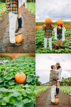 two people are standing in the middle of a field with pumpkins on their heads