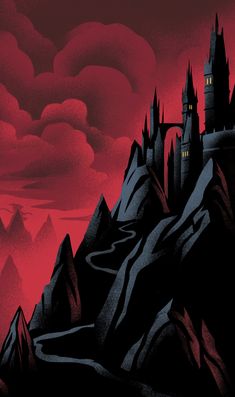 an illustration of a castle on top of a mountain with red sky in the background