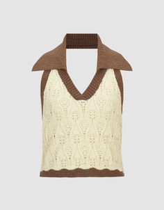 a women's sweater with an open neck and brown trim on the shoulders,