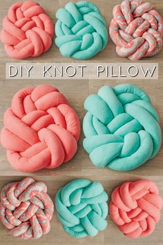 the instructions to make diy knot pillow are shown in different colors and sizes, including pink