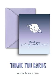 a thank card with an image of saturn and the words thank you cards on it