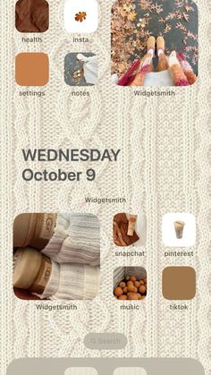 a poster with different things on it and the words wednesday october 9, written in white