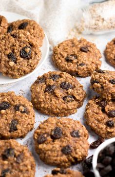 chocolate chip cookies and raisins on white plates