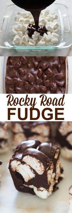 rocky road fudge recipe with chocolate and marshmallows in the bottom right