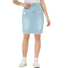 Allegra K Denim Skirt for Women's Basic Distressed Ripped Hem Washed Jeans Skirts Jeans Denim Skirt Washed Ripped Hem Distressed Details High Waist Five-pocket Style Size: XS.  Color: Blue.  Gender: female.  Age Group: adult. Knee Length Jeans, Knee Length Jean Skirts, Long Jean Skirt, Skirts Jeans, Midi Denim, Leopard Print Skirt, Denim Skirt Women, Printed Midi Skirt, Denim Maxi Skirt