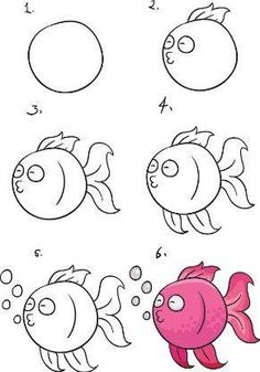 step by step drawing instructions for children to learn how to draw goldfish and fish