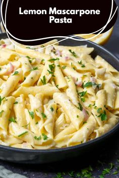 lemon mascarpone pasta in a skillet with parsley on top and the title overlay