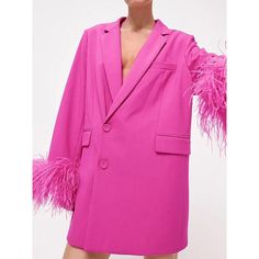 Discover Elegance and Style with Our Pink Feather Blazer Step into the world of high fashion with our stunning Pink Feather Spliced Blazer. A perfect blend of elegance and contemporary style, this women's single-breasted suit jacket is designed to impress. Whether you're headed to a business meeting or a casual day out, this blazer adds a touch of sophistication to any outfit. Its unique feather decoration and notched collar design make it a standout piece in your wardrobe. Product Features Material: High-quality blend of cotton and polyester, offering both comfort and durability. Design: Chic notched collar with a single-breasted closure, embellished with delicate feathers for a fashionable touch. Fit: Straight, loose fit that flatters a wide range of body types. Season: Versatile for all Elegant Fitted Blazer With Feather Trim, Spring Party Single-breasted Suit, Single Breasted Party Suits For Spring, Elegant Party Blazer With Feather Trim, Elegant Fitted Feather Outerwear, Elegant Fitted Feathered Outerwear, Elegant Spring Outerwear With Feathers, Elegant Formal Blazer With Feathers, Formal Fall Blazer With Feather Trim