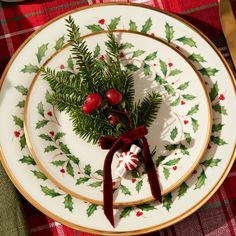 a plate with holly and candy canes on it