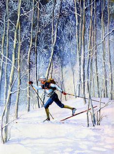 a painting of a woman cross country skiing through the woods