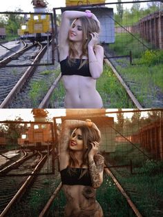 two different pictures with the same woman in bikinis on train tracks and one has her hand up to her head