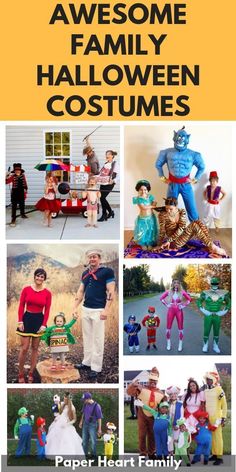 some people are dressed up in costumes for halloween and the title says, awesome family halloween costumes paper heart family