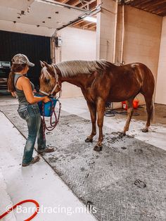 a woman standing next to a brown horse on top of a cement floor covered in snow