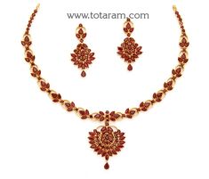 22 karat gold ruby necklace & drop earrings set - 235-GS3846 - in 38.000 Grams for USD $4,420.26 USD. 
Made in India by Totaram Jewelers Online this product is in Gold - 22 Karat BIS Hallmark 916 Gold  & is an excellent gift for Adult - Women. Ships fully insured with secured guaranteed delivery for free with your order over $250 from New Jersey USA & comes with 30 days exchange policy. Emerald Necklaces, 22 Karat Gold Jewelry, Gold Ruby Necklace, 22k Gold Necklace, 22k Gold Jewelry, Ruby Emerald, Gold Jewellery Design Necklaces, Ruby Necklace, Gold Necklace Set