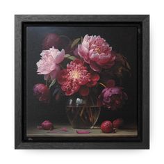 a painting of pink flowers in a glass vase