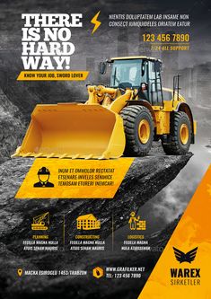 an advertisement for a construction company with a bulldozer on the front and side