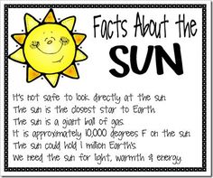 a poster with the words, fact about the sun and an image of a smiling sun