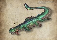 a drawing of a green and black lizard