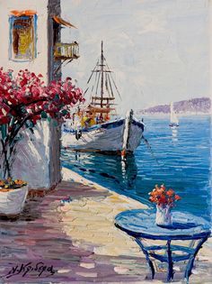 a painting of a boat in the water next to a table with flowers on it