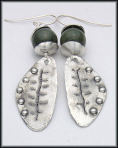 JADE  Handforged Engraved Dimpled Antiqued by sandrawebsterjewelry, $30.00 Art Clay Silver, Burmese Jade, Mixed Metal Earrings, Silent Auction, Jade Earrings, Spiral Earrings, Gift Certificate, Antique Pewter, French Wire