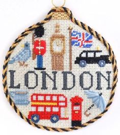 Travel Round - London with Stitch Guide Painted Canvas Needlepoint.Com Needlepoint Projects, Needlepoint Christmas Ornaments, Travel Ornament, Travel Canvas, Needlepoint Ornaments, Stitch Guide, Past And Future, Needlepoint Christmas, Needlepoint Canvases