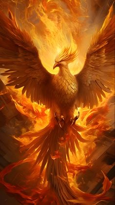 a painting of a bird on fire with its wings spread