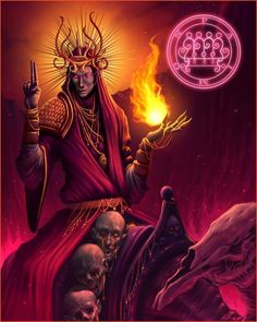 an image of a demon with flames in his hand and skulls on the ground behind him