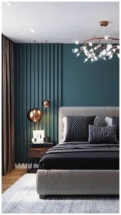 a bedroom with green walls and white rugs on top of the carpeted floor