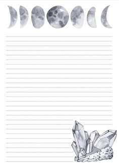 the moon and stars lined up on paper with lines in between them, as well as an image of crystals