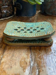 a blue and green ceramic dish sitting on top of a wooden table next to potted plants