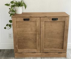 a potted plant sitting on top of a wooden cabinet next to a white wall