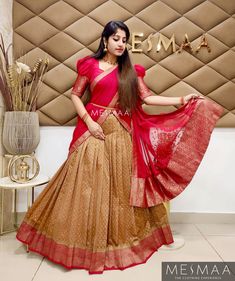 Some beautiful and exquisite SILK HALF SAREES for this festive season!❤️✨  Also the best part is each girl in the TEAM BRIDE can choose one colour each for a pretty coordinated traditional look!😍❤️   These outfits can be purchased from our website. LINK IN BIO. Pls search for below codes in our website.  L-0074-Golden brown red half saree Pls COMMENT link and colour, we will DM you the direct WEBSITE LINK of that particular product.  Size can be customised according to your requirement.⠀ For customisations please call / whatsapp at 9884494720 | 9884444720  Pls come visit us at  #MESMAA, 2nd floor, R Tower, No 249, Z Block,  2nd Avenue, (beside Anna Nagar Tower Metro),  Anna Nagar, Chennai. Red Half Saree, Silk Half Saree, Yellow Anarkali, White Anarkali, Personal Shopping Service, Saree Gown, Unstitched Suits, One Colour