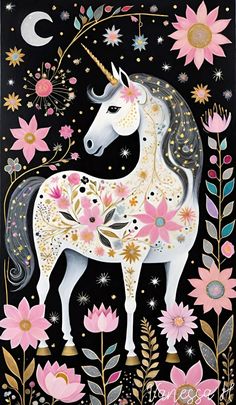 a painting of a unicorn surrounded by flowers