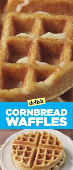 a close up of a waffle on a plate with the words cornbread waffles