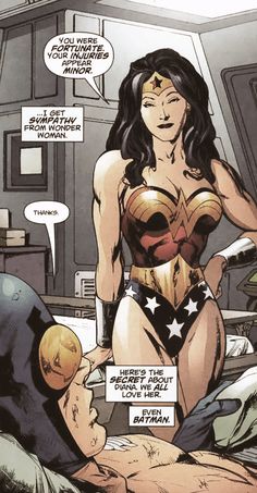 a comic scene with a woman dressed as wonder and a man in the background talking to each other