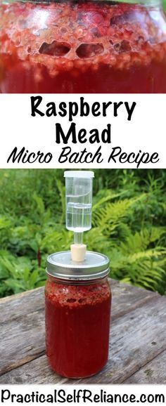 raspberry mead recipe in a mason jar on a picnic table with text overlay