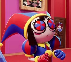 an animated character in a room with red and blue walls