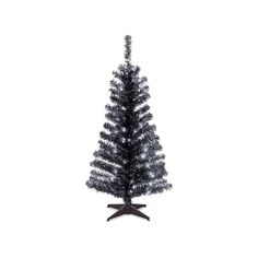 a small silver christmas tree with lights on it's top and base, in front of a white background