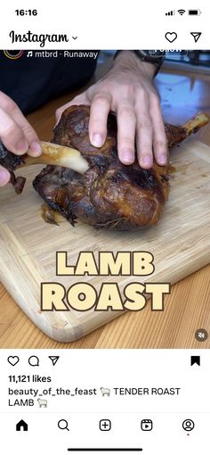 someone is cutting up some meat on a wooden board with the words lamb roast above it