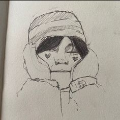 a drawing of a woman wearing a hat and holding her hands to her face with the hood up