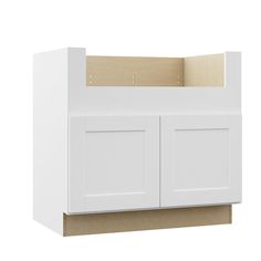 a white kitchen cabinet with two doors and one drawer on the bottom, against a white background