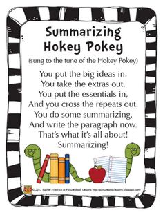 a sign that says summarizing hockey pokey with an image of two snakes and books