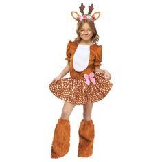 Need an outfit for your Deer-Rest child? This could be the perfect one, sure to make other kids feel like deer in the headlights when they see your child's outfit! Includes a Deer-Motif Dress with a full skirt and puffed sleeves and an Attached Tail. Also comes with a pretty Flower Headband with Ears and Horns. Boot covers are not included. Add your own makeup! Oh Deer Costume, Deer Costume For Kids, Dear Costume, Deer Dress, Jester Costume, Deer Costume, Boot Covers, Fun World, Costume Themes