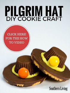 there are two pieces of chocolate with an orange on top and the words pilgrim hat diy cookie craft above it