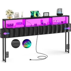 a purple shelf with electronics on it and pictures above the shelves that are connected to each other