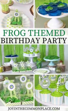 frog themed birthday party with green and blue decorations