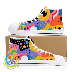 Colorful Pop Art Ladies High Top Canvas Shoes Us12 (Eu44) Upcycled Shoes Sneakers, Graphic Shoes, Easy Painted Shoes, Painting On Canvas Shoes, Sneaker Painting Ideas, Painted Sneakers Diy, Canvas Shoes Painting, Paint Shoes, Painted Shoes Ideas