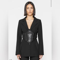 New W/ Tags Corset Over Blazer, Elegant Black Blazer With Belt Loops, Chic Black Blazer With Structured Boning, Black Blazer With Belt Loops For Office, Party Blazer With Structured Boning In Black, Black Tuxedo Suit For Night Out, Elegant Fitted Corset Belt For Workwear, Black Evening Suits With Structured Boning, Elegant Black Corset Belt For Fall